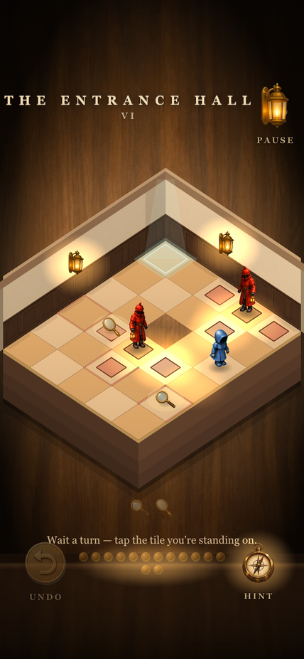 A guard patrols the Entrance Hall while a hint marks the next safe tile