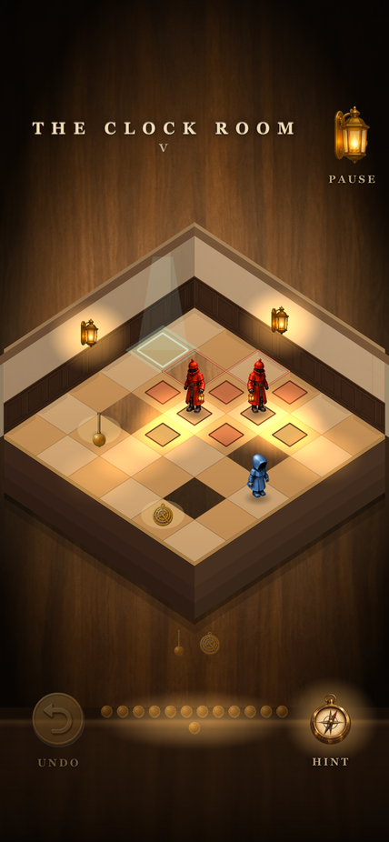 The Clock Room, lit by two lanterns, with guards mid-patrol