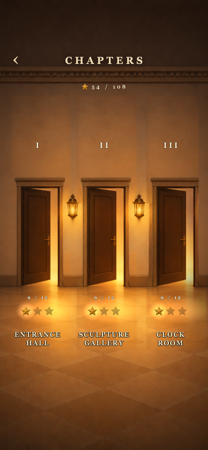 Chapter select: three lit doors, one per hall