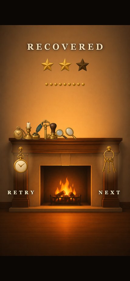 Results screen showing three stars and the mantelpiece collection